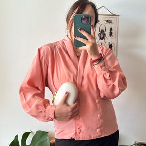 Vintage Pink Double-Breasted Tailored Blouse for Women, Elegant Shirt with Shawl Collar and V-Neck, Lantern Sleeve Blouse