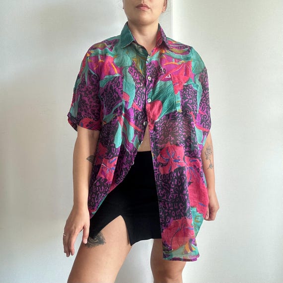 Vintage oversized blouse in sheer viscose, bold a… - image 3