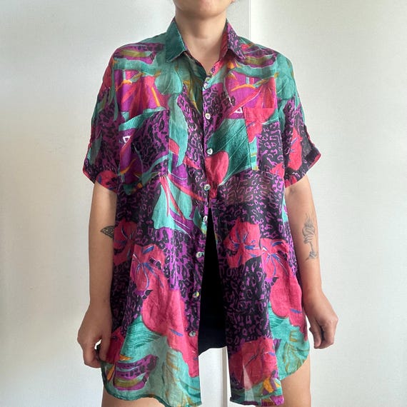 Vintage oversized blouse in sheer viscose, bold a… - image 4