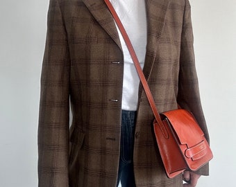 Blazer  Vintage Studio Condipel/ Structured Blazer/ Brown Check Pattern/ Straight Cut, Shoulder Pads/  Wool Composition/ blazer jacket