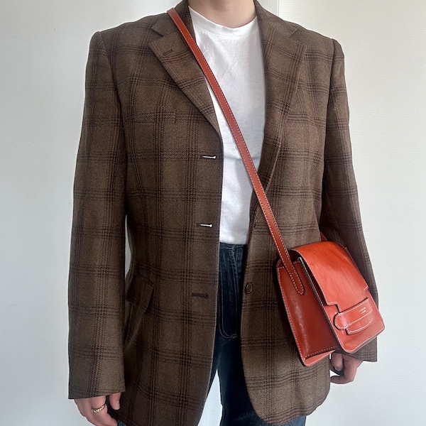 Blazer  Vintage Studio Condipel/ Structured Blazer/ Brown Check Pattern/ Straight Cut, Shoulder Pads/  Wool Composition/ blazer jacket