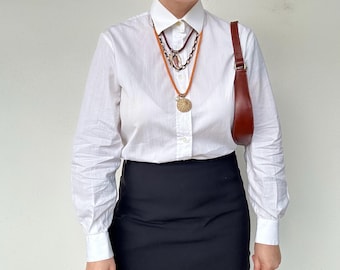 Vintage 90s Italian cotton striped blouse, unisex white button up shirt, minimalist long sleeve top, Made in Italy, size M L
