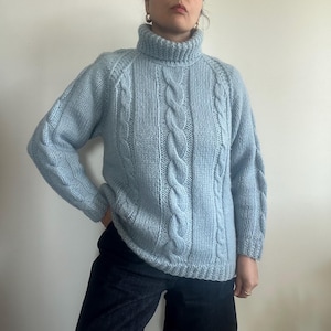 Vintage Blue Wool Turtleneck Sweater, Chunky Cable Knit Jumper, Warm Winter Oversized Knitwear, Cozy Handmade Pullover L-XL