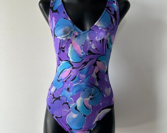 Vintage 80s floral swimsuit, Italian 46, criss cross back, retro high cut one piece, sparkly straps, new old stock, made in Italy