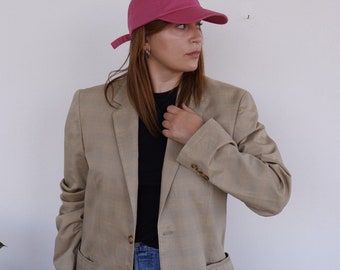 Vintage Beige Checkered Blazer - Structured Oversized Fit - Made in Italy - High-Quality Cotton Fabric