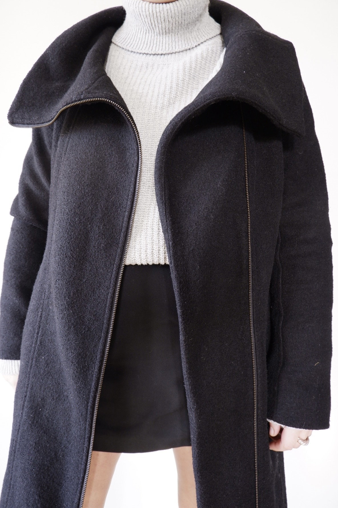 Women's Black A-line Coat, Coat With Asymmetric Zip Closure