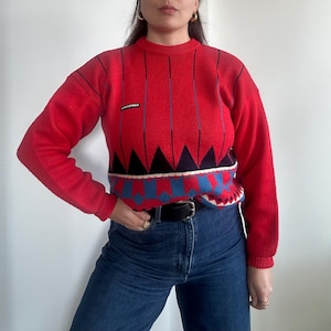 Vintage Red Wool Sweater, Abstract Pattern Pullover, Crewneck, Size M-L, Warm Winter Sweater