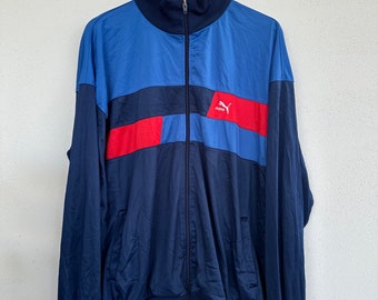 90s Puma Sports Jacket, Blue Tracksuit Jacket with Red and Dark Blue Details, Men&#39;s Sportswear, Gabber Style, Size L-XL