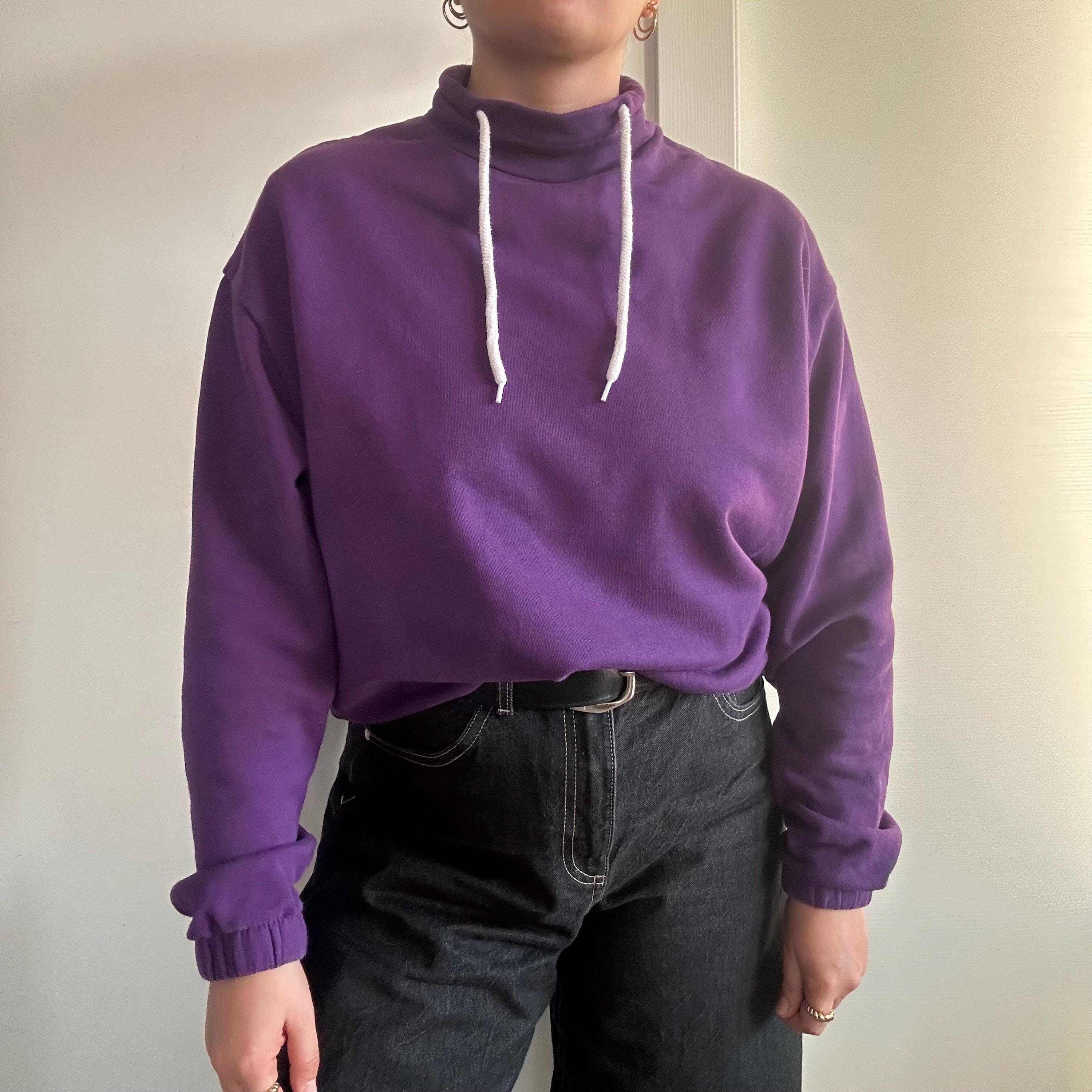 Women's Purple Turtleneck Sweatshirt, Vintage High Neck Sweatshirt, Raglan Sweater with Drawstring, Minimalist Simple Sweatshirt, Size M-L