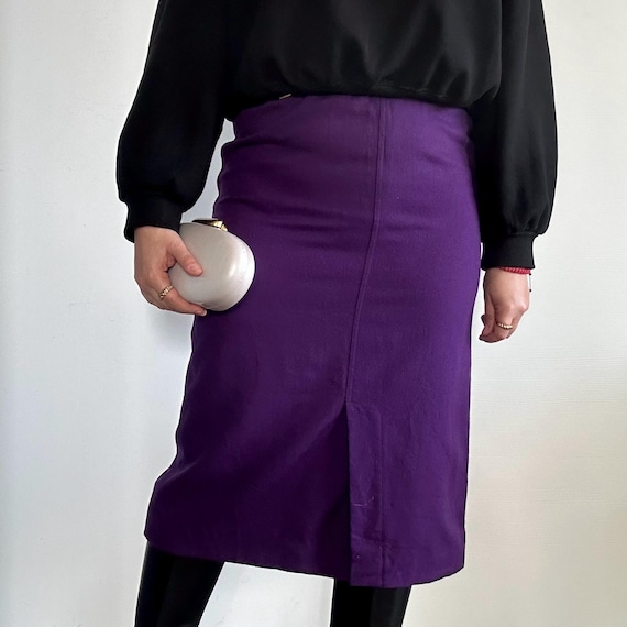 Vintage Purple Wool Midi Skirt With Front Slit, High Waist