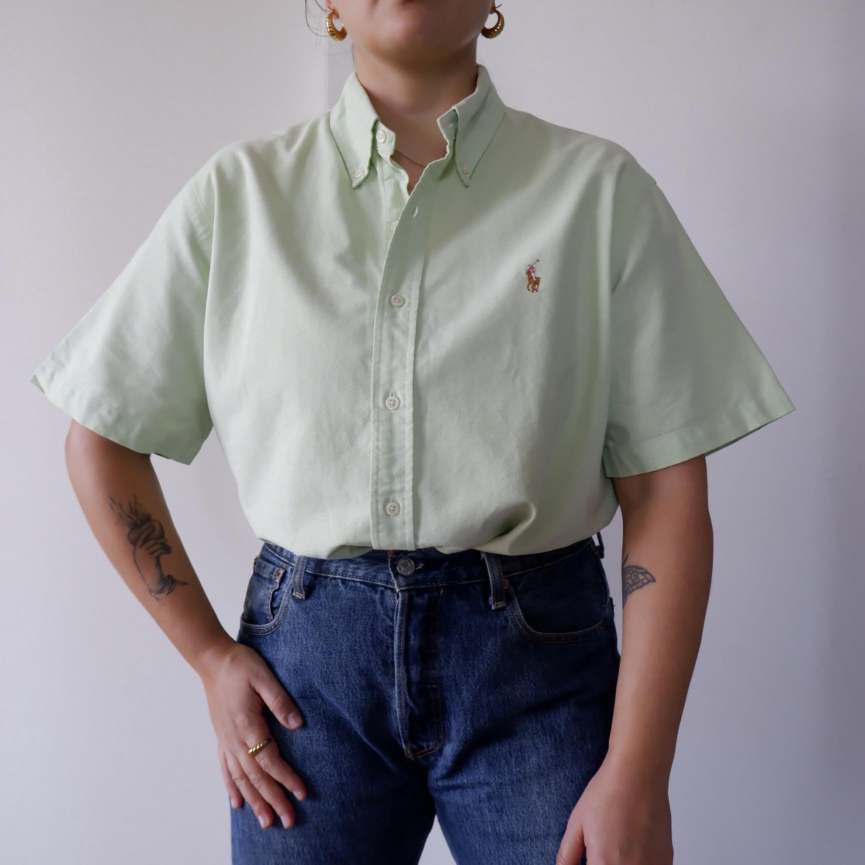 トップス vintage Ralph Lauren short shirt jacket Vintage Ralph Lauren Oxford Shirt Green Pastel Short Sleeve