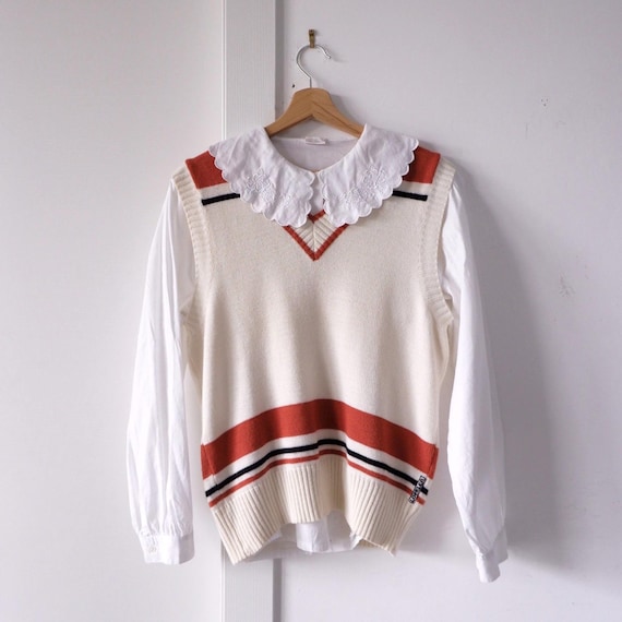 Vintage 80s wool blend vest women white with orange black stripes, sleeveless V neck knit gilet minimalist S M, Austrian-made sweater vest