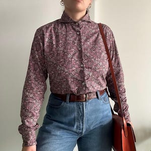 Camicia Floreale vintage da donna, Taglia M, Blusa con colletto tuxedo, camicia sartoriale in cotone con maniche lunghe