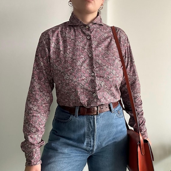 Camicia Floreale vintage da donna, Taglia M, Blusa con colletto tuxedo, camicia sartoriale in cotone con maniche lunghe