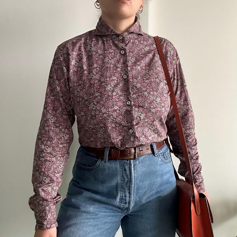 Camicia Floreale vintage da donna, Taglia M, Blusa con colletto tuxedo, camicia sartoriale in cotone con maniche lunghe