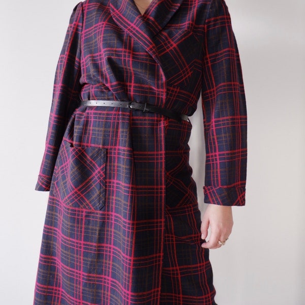 Vintage Cross-Front Kimono Dress - Red and Blue Plaid