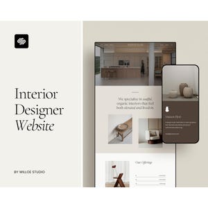 Könnte beinhalten: Webdesign für einen Innenarchitekten, mit Desktop- und Mobilansicht. Die Website zeigt Bilder von Innenräumen und den Text "Interior Designer Website" und "Maison Elori". Das Design hat eine neutrale Farbpalette.
