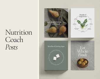 Puede incluir: Cuatro publicaciones rectangulares para coach de nutrición. Una muestra peras con el texto Eat WELL & LIVE well. Otra muestra brócoli con el texto Benefits of Leafy Greens. Una tercera muestra terrones de azúcar con Benefits of Quitting Sugar. Una muestra frutas con Eat Whole Foods.