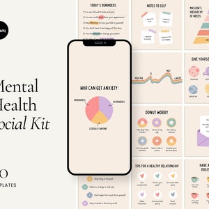 May include: A social media kit for mental health awareness with 70 templates. The kit includes illustrations of doughnuts, a pie chart, a pyramid, and a cup of tea. The text "Mental Health Social Kit" is in large, bold letters at the top of the image.