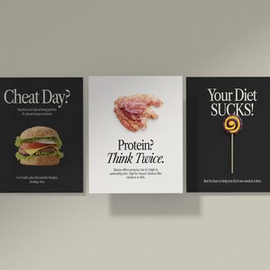 Puede incluir: Tres carteles en blanco y negro con texto e im&aacute;genes motivacionales. El primer cartel dice "Cheat Day? La nutrici&oacute;n no se trata de ser perfecto. Se trata de ser consistente. Construyamos un plan que incluya hamburguesas. Feeling You." y muestra una hamburguesa con queso. El segundo cartel dice "&iquest;Prote&iacute;na? Pi&eacute;nsalo dos veces. El tocino ofrece prote&iacute;nas, pero es alto en grasas saturadas. Opta por opciones m&aacute;s magras como pollo o pescado." y muestra una rebanada de bacon. El tercer cartel dice "&iexcl;Tu dieta APESTA! Pero estoy aqu&iacute; para ayudarte a sentir que puedes comerlo todo. Brilla." y muestra una piruleta.