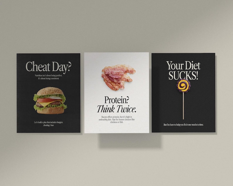 Puede incluir: Tres carteles en blanco y negro con texto e im&aacute;genes motivacionales. El primer cartel dice "Cheat Day? La nutrici&oacute;n no se trata de ser perfecto. Se trata de ser consistente. Construyamos un plan que incluya hamburguesas. Feeling You." y muestra una hamburguesa con queso. El segundo cartel dice "&iquest;Prote&iacute;na? Pi&eacute;nsalo dos veces. El tocino ofrece prote&iacute;nas, pero es alto en grasas saturadas. Opta por opciones m&aacute;s magras como pollo o pescado." y muestra una rebanada de bacon. El tercer cartel dice "&iexcl;Tu dieta APESTA! Pero estoy aqu&iacute; para ayudarte a sentir que puedes comerlo todo. Brilla." y muestra una piruleta.