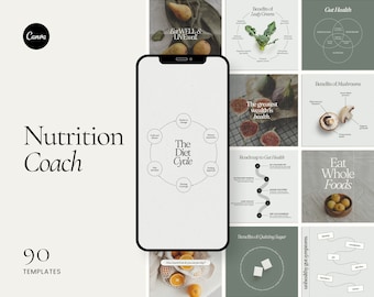 Plantillas para redes sociales de coaches de nutrición: Publicaciones de Instagram en Canva (90 plantillas)