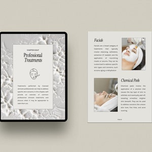 Pu&ograve; includere: Una pagina di un libro sui trattamenti professionali per la cura della pelle. La pagina presenta illustrazioni di un trattamento viso e di un peeling chimico, insieme a testo che descrive le procedure. Il testo include le parole "Trattamenti professionali", "Trattamenti viso" e "Peeling chimico".