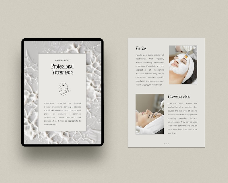 Pu&ograve; includere: Una pagina di un libro sui trattamenti professionali per la cura della pelle. La pagina presenta illustrazioni di un trattamento viso e di un peeling chimico, insieme a testo che descrive le procedure. Il testo include le parole "Trattamenti professionali", "Trattamenti viso" e "Peeling chimico".