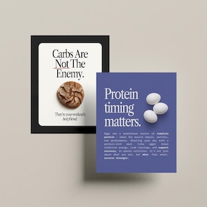 Puede incluir: Dos tarjetas con texto e im&aacute;genes. La primera tarjeta es negra con texto blanco que dice "Carbs Are Not The Enemy. They're your workout's best friend." y un panecillo marr&oacute;n. La segunda tarjeta es azul con texto blanco que dice "Protein timing matters. Eggs are a powerhouse source of complete protein - ideal for muscle repair, satiety, and performance. Starting your day with a protein-rich meal (like eggs) helps stabilise energy, curb cravings, and support recovery. It's not just about what you eat, but when. Fuel smart, recover stronger."