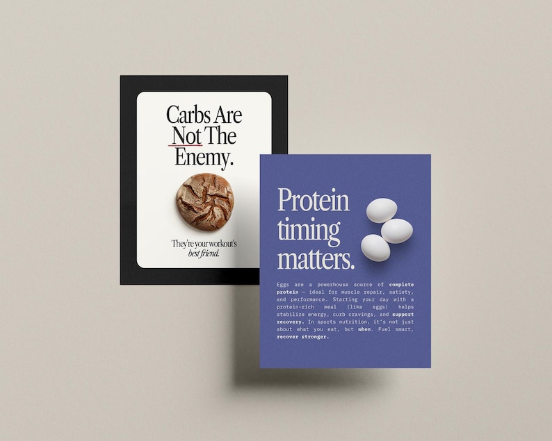 Puede incluir: Dos tarjetas con texto e im&aacute;genes. La primera tarjeta es negra con texto blanco que dice "Carbs Are Not The Enemy. They're your workout's best friend." y un panecillo marr&oacute;n. La segunda tarjeta es azul con texto blanco que dice "Protein timing matters. Eggs are a powerhouse source of complete protein - ideal for muscle repair, satiety, and performance. Starting your day with a protein-rich meal (like eggs) helps stabilise energy, curb cravings, and support recovery. It's not just about what you eat, but when. Fuel smart, recover stronger."