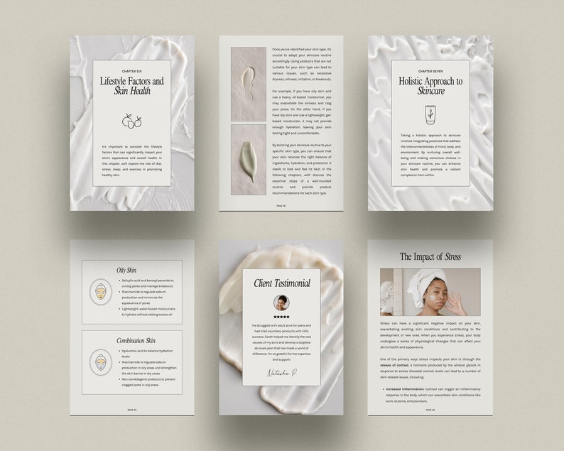 Pu&ograve; includere: Un libro bianco e grigio con il titolo "Lifestyle Factors and Skin Health" sulla copertina. Il libro &egrave; aperto a una pagina con il titolo "Oily Skin" e un elenco di punti elenco sulla pelle grassa. Il libro &egrave; aperto a un'altra pagina con il titolo "Combination Skin" e un elenco di punti elenco sulla pelle mista. Il libro &egrave; aperto a un'altra pagina con il titolo "Holistic Approach to Skincare" e un elenco di punti elenco sulla cura olistica della pelle. Il libro &egrave; aperto a un'altra pagina con il titolo "The Impact of Stress" e un elenco di punti elenco sull'impatto dello stress sulla pelle. Il libro &egrave; aperto a un'altra pagina con il titolo "Client Testimonial" e una testimonianza di un cliente sulla sua esperienza con il prodotto. Il libro &egrave; aperto a un'altra pagina con il titolo "The Impact of Stress" e un elenco di punti elenco sull'impatto dello stress sulla pelle.