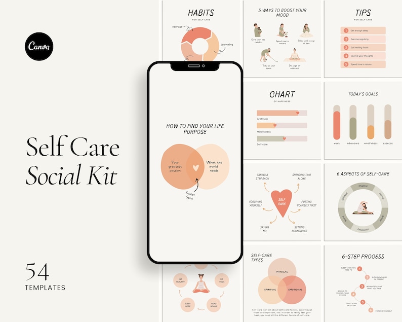 This editable Instagram template pack contains 320 mental health posts, therapy posts, self-help posts, self-love posts, and self-care posts, designed to educate, inspire, and motivate your audience. Perfect for therapists and counselors.