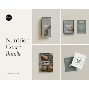 May include: A nutrition coach bundle featuring a green and white book titled "Nutrition Unlocked", a phone mockup with the text "Fatfood not nomuch, mostly plants", a green and white card with the text "The Nutrition Coaching Process", and a green and white card with the text "Macronutrients Cheat Sheet".