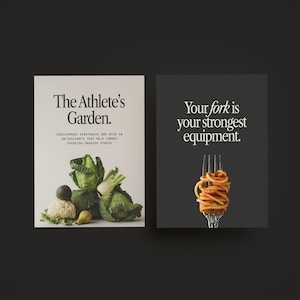 Puede incluir: Dos tarjetas con texto e im&aacute;genes. La primera tarjeta tiene un fondo blanco con el texto "The Athlete's Garden." y una imagen de una variedad de verduras verdes. La segunda tarjeta tiene un fondo negro con el texto "Your fork is your strongest equipment." y una imagen de un tenedor con espaguetis.