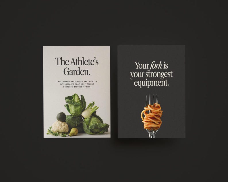Puede incluir: Dos tarjetas con texto e im&aacute;genes. La primera tarjeta tiene un fondo blanco con el texto "The Athlete's Garden." y una imagen de una variedad de verduras verdes. La segunda tarjeta tiene un fondo negro con el texto "Your fork is your strongest equipment." y una imagen de un tenedor con espaguetis.
