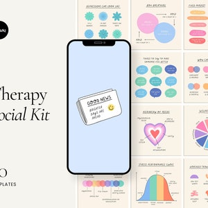 May include: A set of 50 social media templates for therapists, counsellors, and mental health professionals. The templates feature illustrations and text related to mental health topics, such as depression, anxiety, and trauma. The templates are designed to be used on social media platforms like Instagram and Facebook.