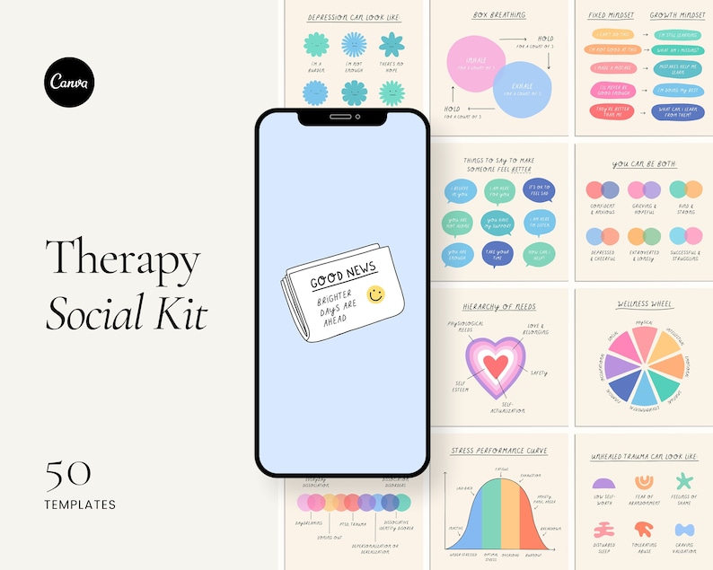 May include: A set of 50 social media templates for therapists, counsellors, and mental health professionals. The templates feature illustrations and text related to mental health topics, such as depression, anxiety, and trauma. The templates are designed to be used on social media platforms like Instagram and Facebook.
