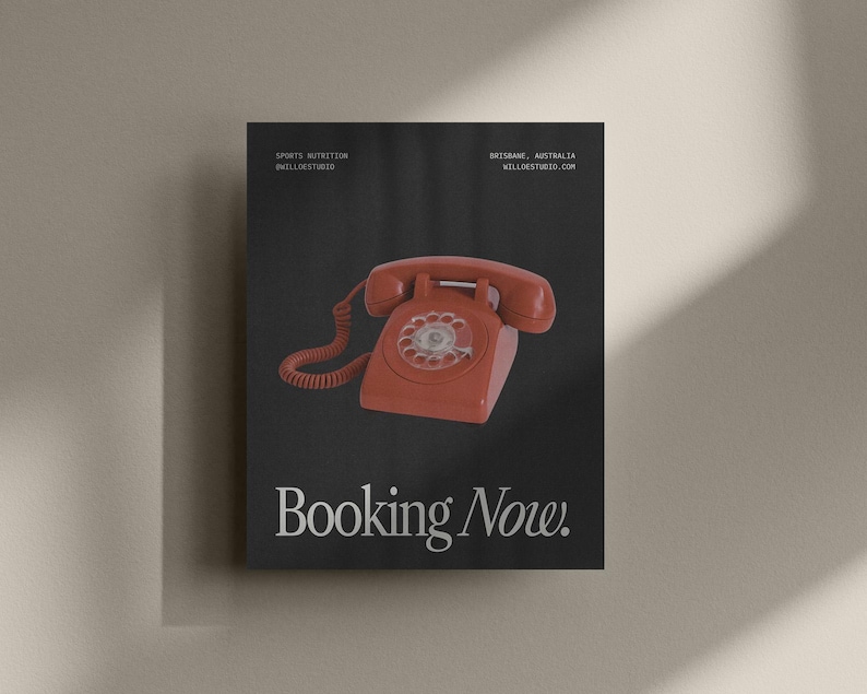 Puede incluir: Un tel&eacute;fono rojo de disco con un cable negro sobre un fondo negro. El texto "Booking Now." est&aacute; debajo del tel&eacute;fono. El texto "Sports Nutrition" y "Well-Studied" est&aacute; en la esquina superior izquierda. El texto "Brisbane, Australia" y "wellstudied.com" est&aacute; en la esquina superior derecha.
