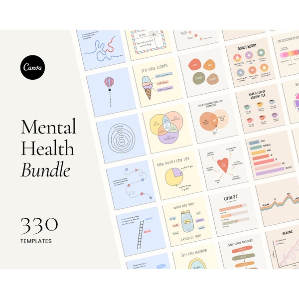Mental Health Instagram Bundle, Social Media Templates, Canva Templates, Charts and Graphs, Self Help Infographics, Self Care, Self Love