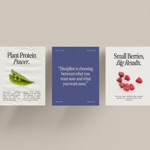Puede incluir: Tres carteles motivacionales con fondo blanco y texto negro. El primer cartel presenta una vaina de guisante verde con el texto "Plant Protein Power." El segundo cartel tiene un fondo azul y el texto "Discipline is choosing between what you want now and what you want most." El tercer cartel presenta una frambuesa roja y el texto "Small Berries, Big Results."