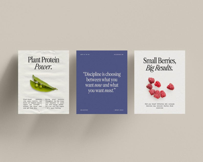 Puede incluir: Tres carteles motivacionales con fondo blanco y texto negro. El primer cartel presenta una vaina de guisante verde con el texto "Plant Protein Power." El segundo cartel tiene un fondo azul y el texto "Discipline is choosing between what you want now and what you want most." El tercer cartel presenta una frambuesa roja y el texto "Small Berries, Big Results."