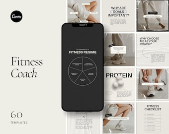 May include: A set of 60 social media templates for fitness coaches. The templates feature a black and white color scheme with a minimalist design. The templates include text such as "Fitness Regime", "Why Are Goals Important?", "Protein", and "Fitness Checklist".