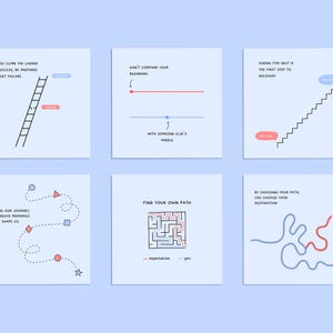 May include: Six motivational illustrations with text and line drawings. The first image shows a ladder with the text "As you climb the ladder of success, be prepared to meet failure". The second image shows a line with the text "Don't compare your beginning with someone else's middle". The third image shows a staircase with the text "Asking for help is the first step to recovery". The fourth image shows a dotted line with the text "Along our journey, we create memories that shape us". The fifth image shows a maze with the text "Find your own path". The sixth image shows a dotted line with the text "By choosing your path, you choose your destination".
