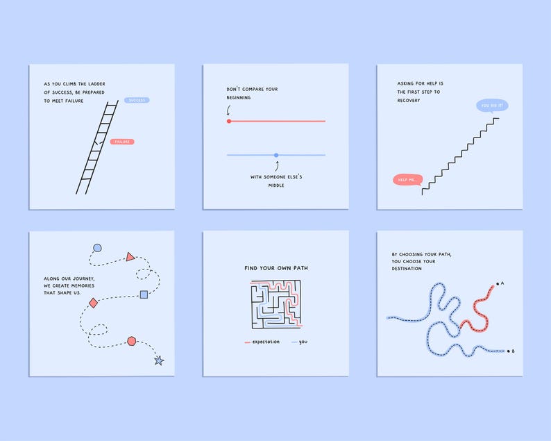 May include: Six motivational illustrations with text and line drawings. The first image shows a ladder with the text "As you climb the ladder of success, be prepared to meet failure". The second image shows a line with the text "Don't compare your beginning with someone else's middle". The third image shows a staircase with the text "Asking for help is the first step to recovery". The fourth image shows a dotted line with the text "Along our journey, we create memories that shape us". The fifth image shows a maze with the text "Find your own path". The sixth image shows a dotted line with the text "By choosing your path, you choose your destination".