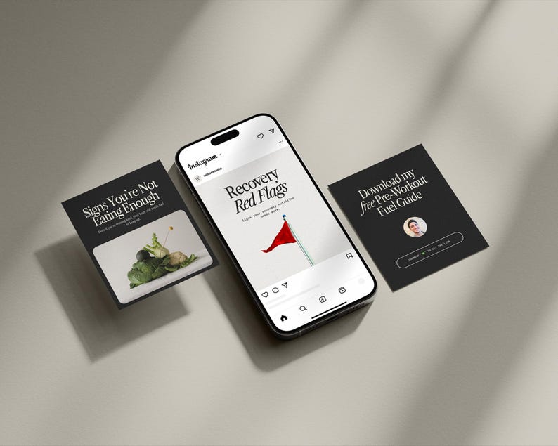 Puede incluir: Un tel&eacute;fono inteligente que muestra una publicaci&oacute;n de Instagram sobre las se&ntilde;ales de alerta de recuperaci&oacute;n. La publicaci&oacute;n incluye una bandera roja ondeando en el viento. Dos tarjetas est&aacute;n sobre la mesa, una con el texto "Signs You're Not Eating Enough" y la otra con el texto "Download my free Pre-Workout Fuel Guide".