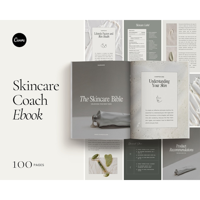 Pu&ograve; includere: Un ebook di 100 pagine intitolato "The Skincare Bible: Unlocking Your Best Skin" con uno schema di colori bianco e grigio. La copertina presenta un tubo di prodotto per la cura della pelle e un rullo di giada.