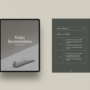 Pu&ograve; includere: Un tablet digitale che mostra una guida di raccomandazione di prodotti per la pelle normale. La guida elenca diversi prodotti per la cura della pelle, tra cui CeraVe Foaming Facial Cleanser, The Ordinary Niacinamide 10% Zinc 1%, Neutrogena Hydro Boost Water Gel, EltaMD UV Clear Broad-Spectrum SPF 46, The Ordinary Buffet Multi-Technology Peptide Serum e CeraVe PM Facial Moisturizing Lotion.