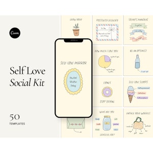 Modelli di post Instagram per amore per se stessi, citazioni positive, modello Canva, social media, carino, disegnato a mano, cura di sé, salute mentale, arte pastello