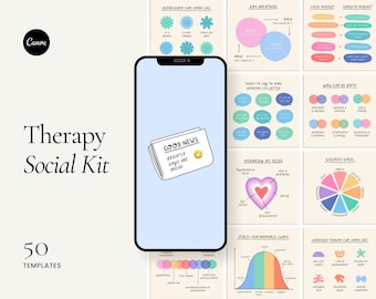 May include: A set of 50 social media templates for therapy, featuring illustrations of a newspaper with the headline "Good News Brighter Days Are Ahead", a heart with layers representing a hierarchy of needs, a stress performance curve, and a wellness wheel.