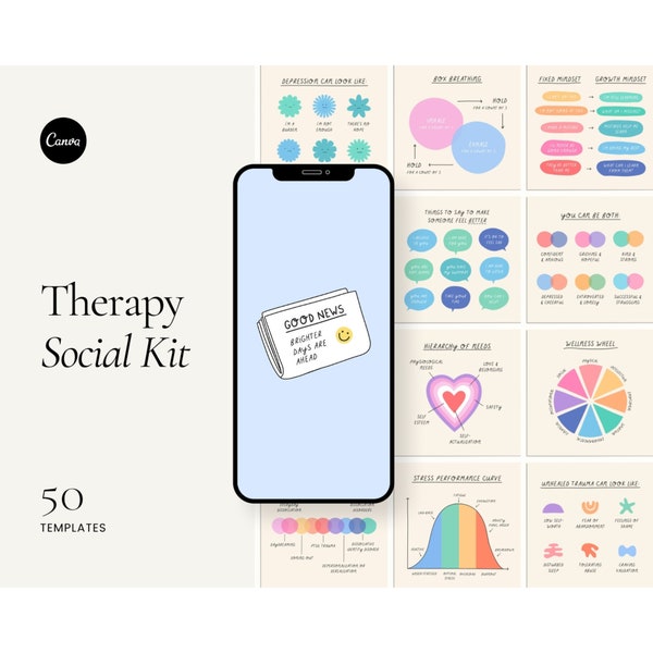 Therapie Instagram Postsjablonen - Geestelijke gezondheid Canva-sjabloon - Sociale media - Zelfhulpposten - Therapeut - Geestelijke gezondheid Kit - Zelfzorg